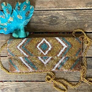 Expressions Gold Beaded Bag Teal Cream Accents Perfect Size 5x10 Favorites SALE